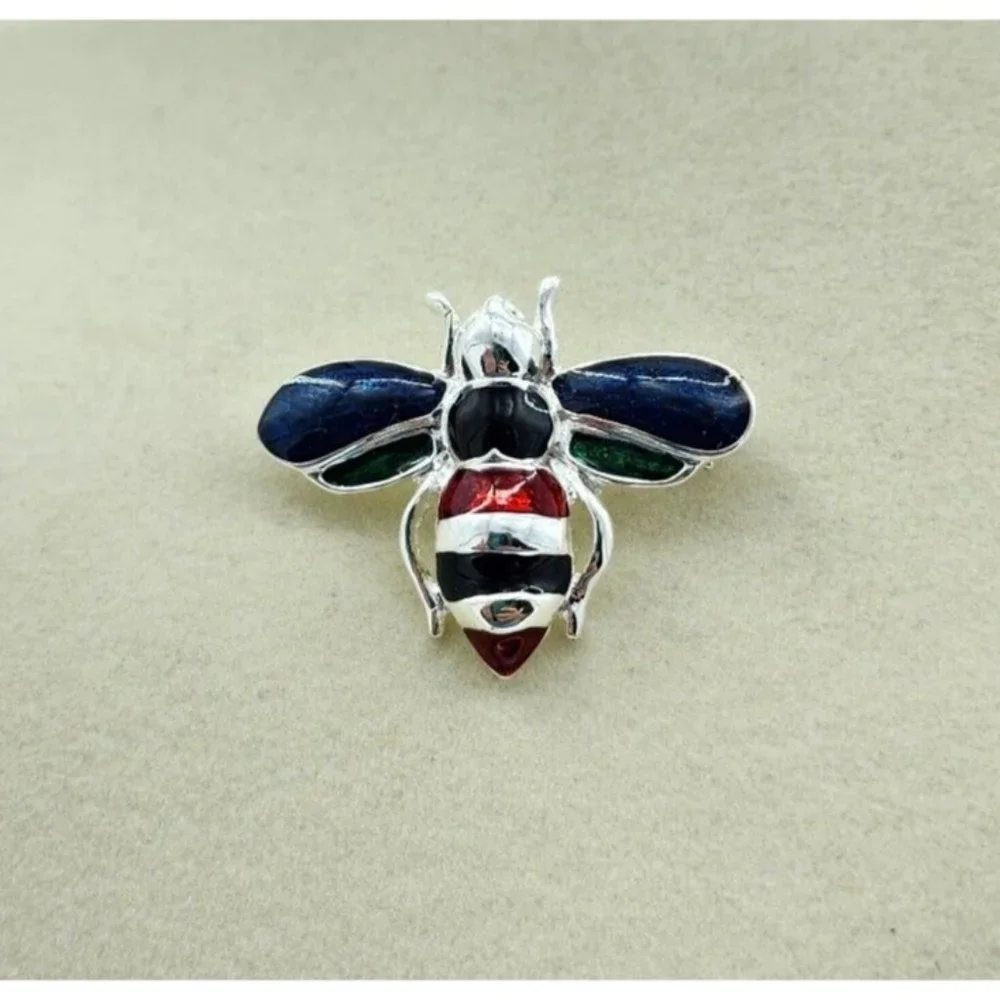 Vintage‎ Honey Bee Brooch Pin Silver Tone Multicolor Enamel Bug 1.25